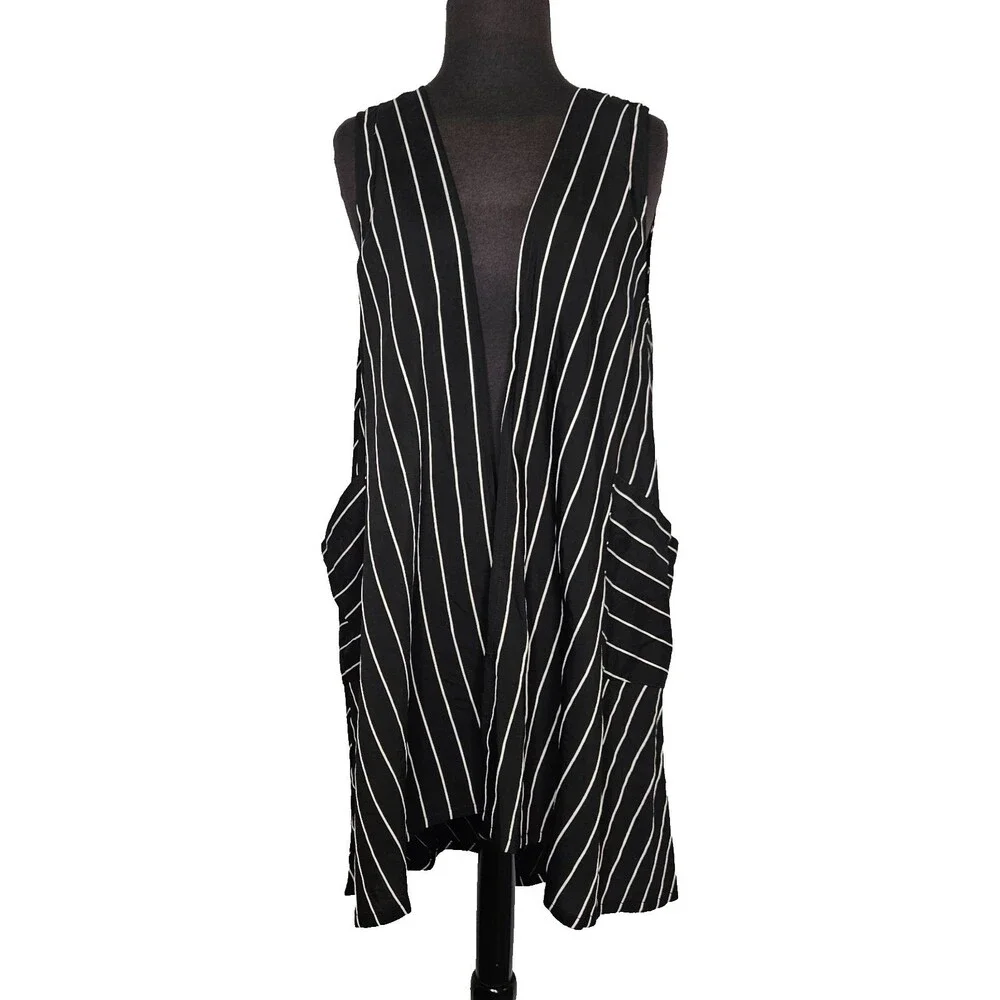 PATRIZIA LUCA Longline Asymmetric Vest Small Medium Black White Stripe Lagenlook